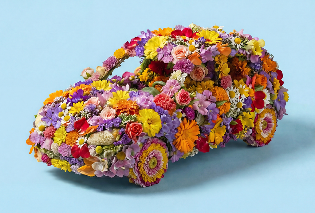 Kleurrijke bloemen auto als illustratie bij tips voor frisse lucht in de auto