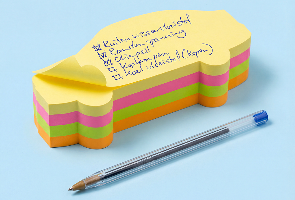 Checklist op auto-vormige sticky notes met pen op blauwe achtergrond