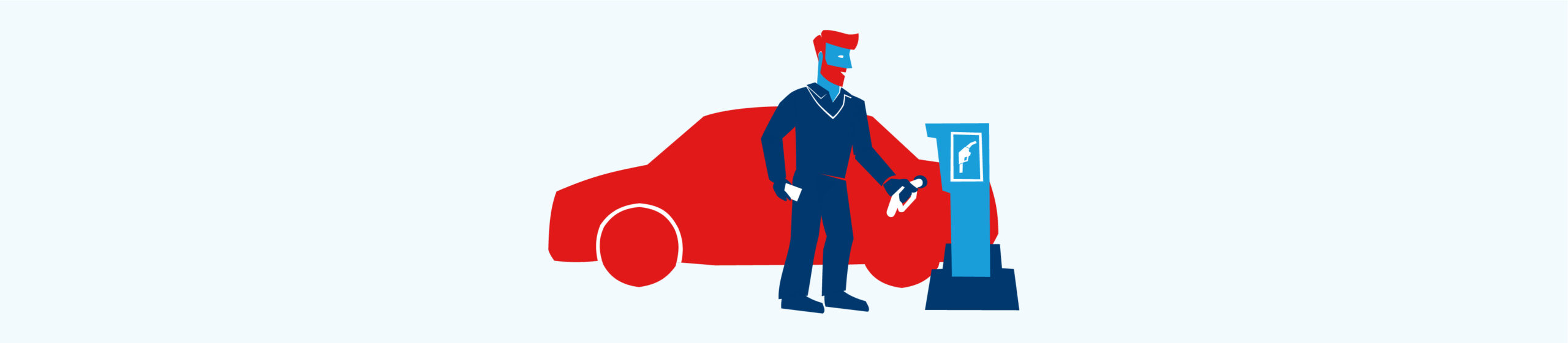 Illustratie van persoon met tankpas bij benzinepomp naast rode auto