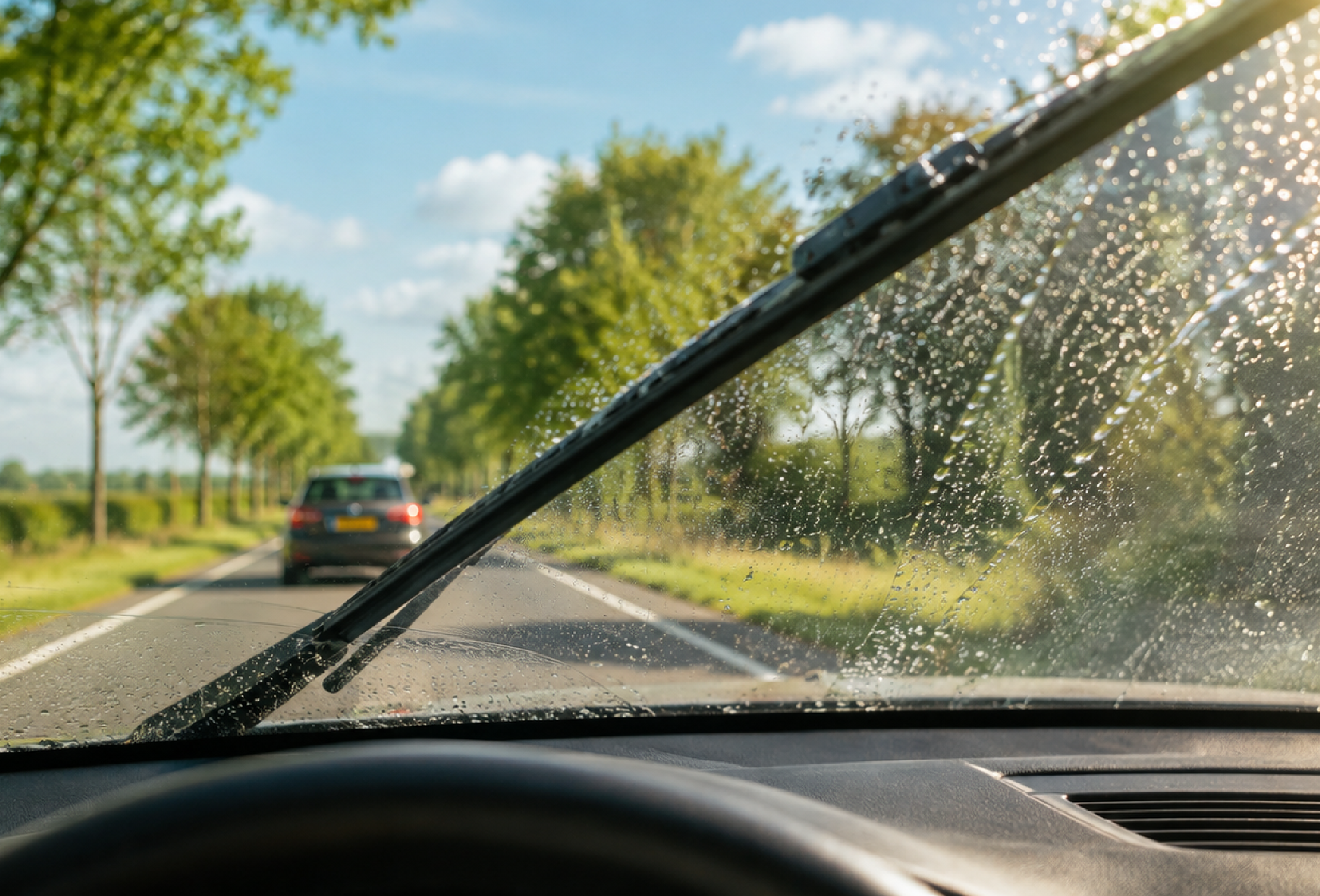 Close-up van een ruitenwisser op een natte voorruit met uitzicht op de weg