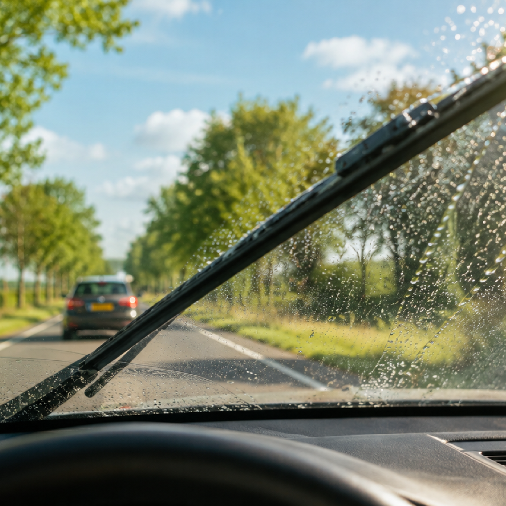 Ruitenwisser veegt regendruppels van de voorruit tijdens het autorijden