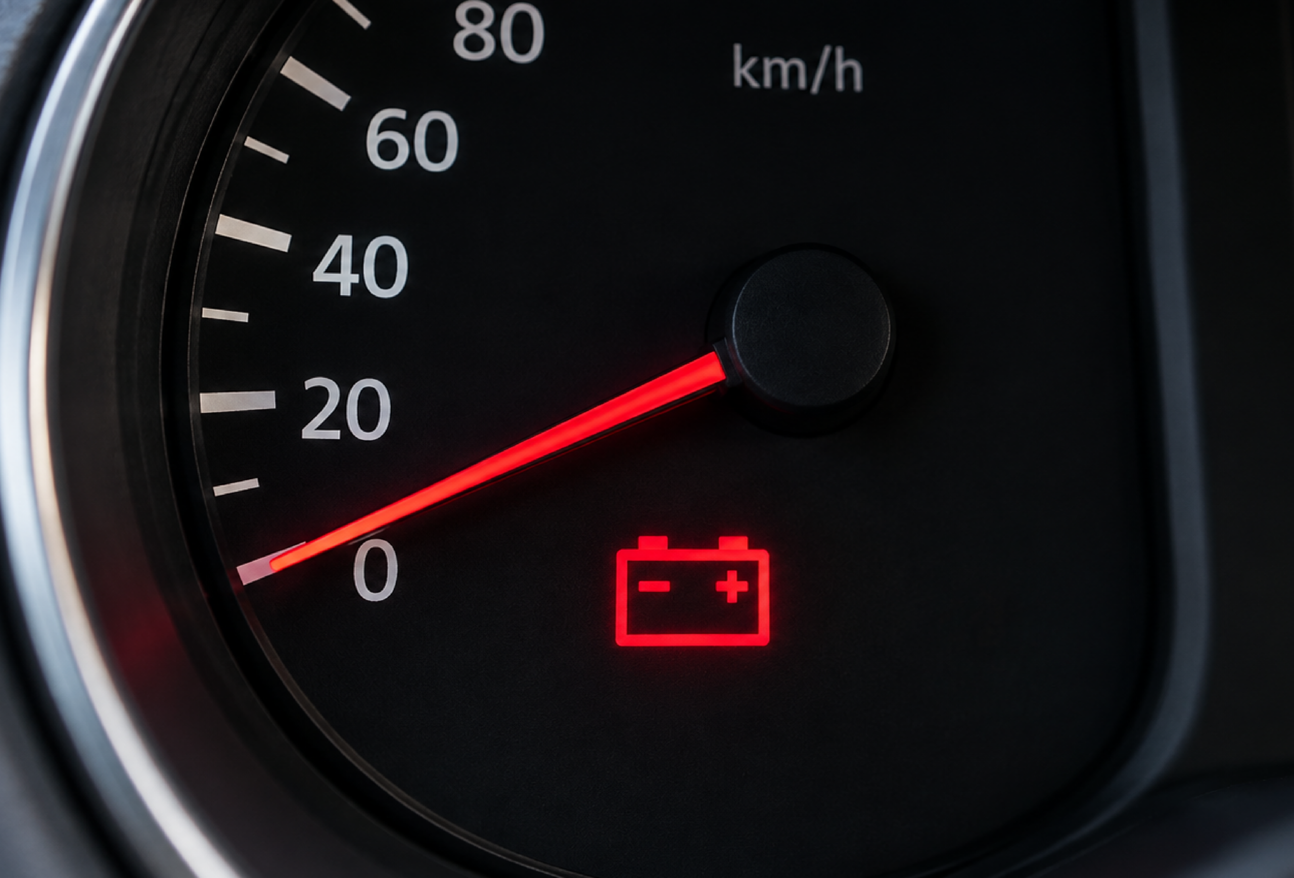 Close-up van een autodashboard met een oplichtend rood accu-icoon, wat wijst op een probleem met de accu