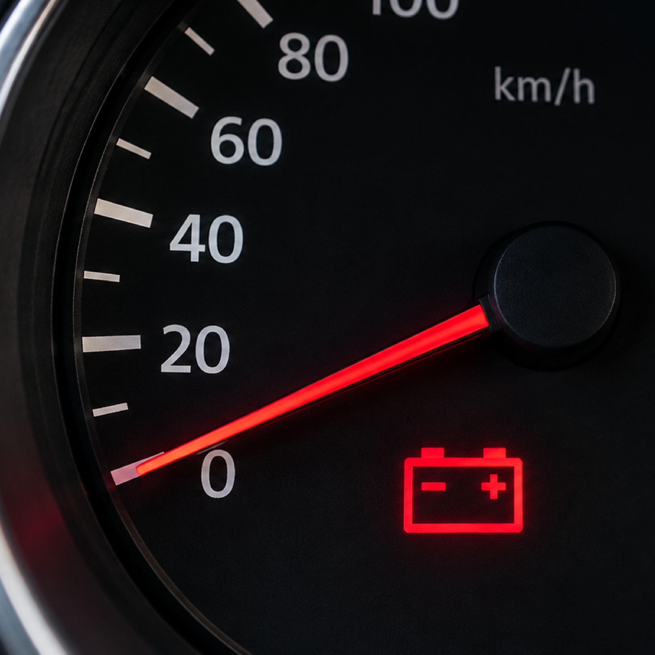 Dashboard van een auto met brandend accuwaarschuwingslampje naast de toerenteller, symbool voor een lege auto-accu